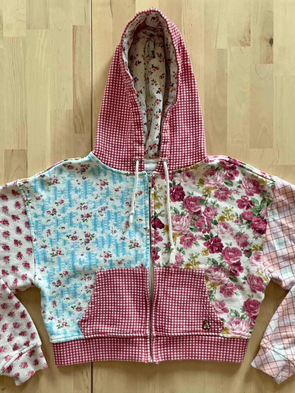 Teddy Fresh Women's Floral Gingham Colorblock Cropped Jacket Hoodie size XS
